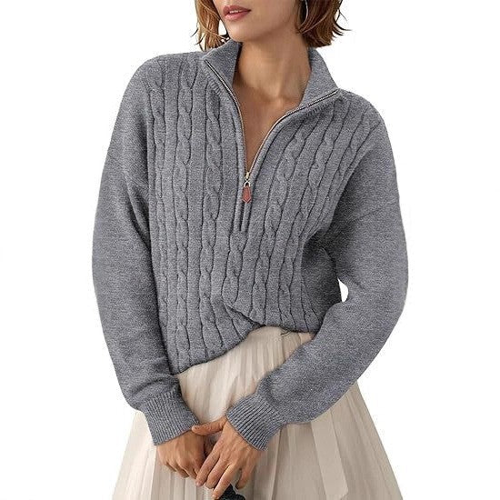 Maglione intrecciato in maglia grossa con collo alto e mezza cerniera per donna