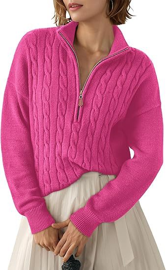 Maglione intrecciato in maglia grossa con collo alto e mezza cerniera per donna
