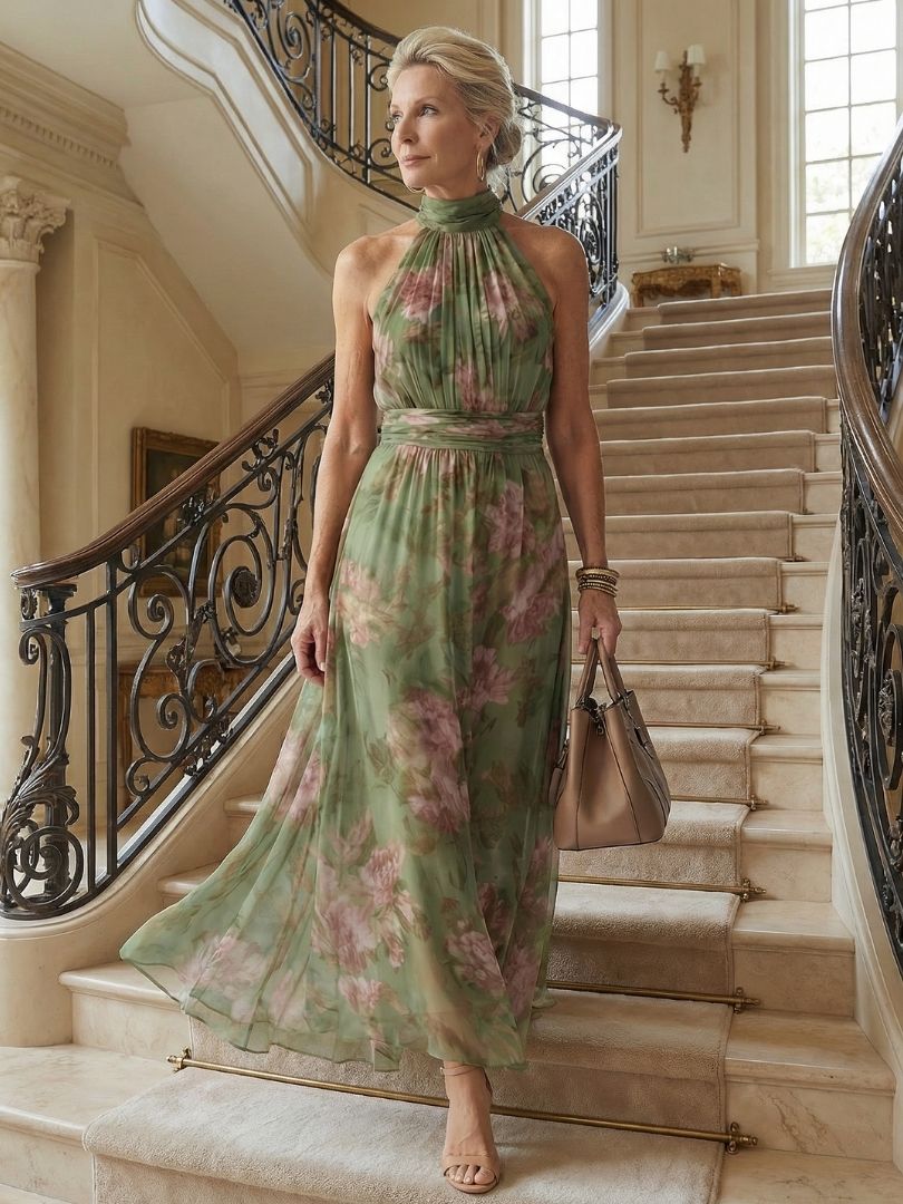 Vestito midi con vita aderente e collo halter da donna