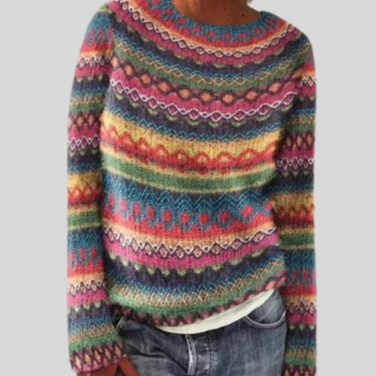 Maglione con motivo jacquard multicolore e collo rotondo da donna
