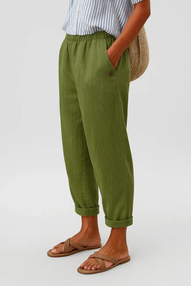 Pantaloni a gamba larga con vita elastica in lino per donna