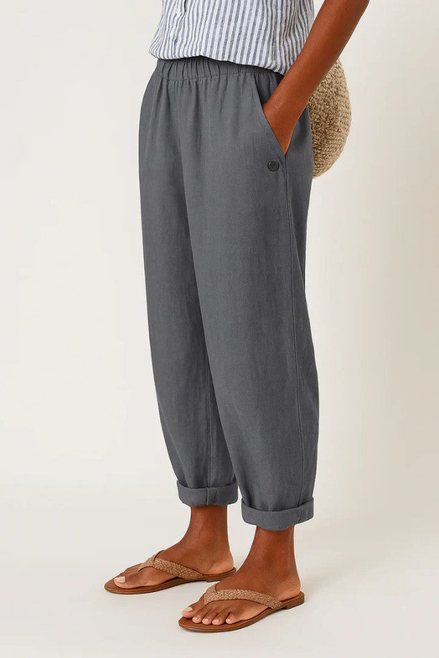 Pantaloni a gamba larga con vita elastica in lino per donna