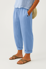 Pantaloni a gamba larga con vita elastica in lino per donna