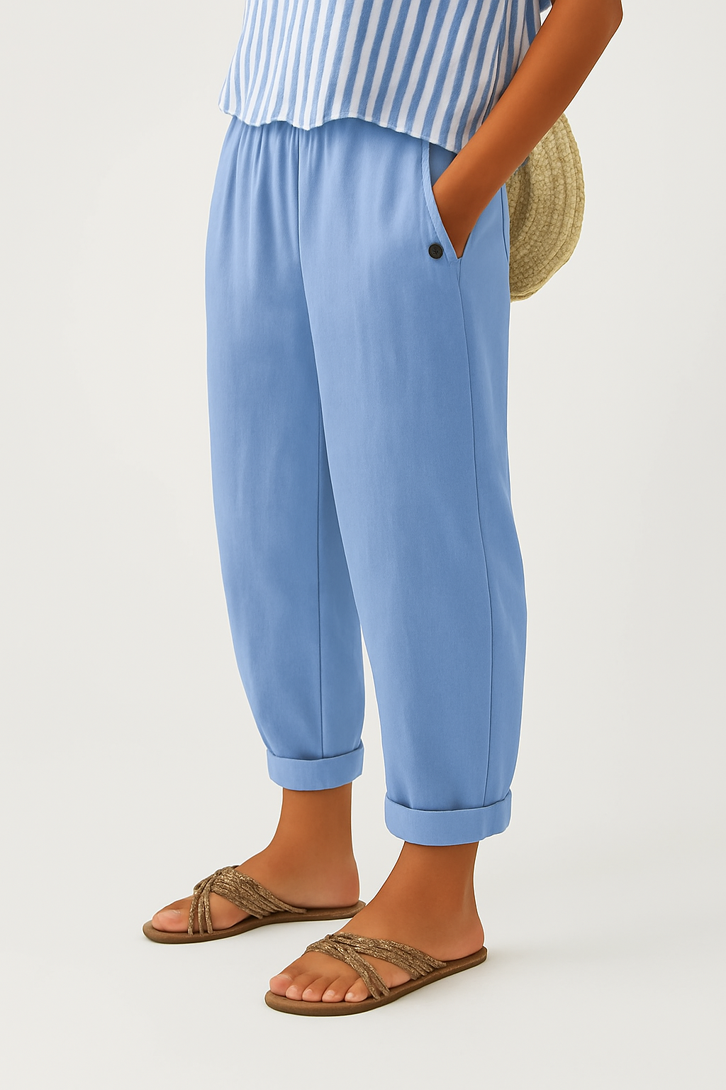 Pantaloni a gamba larga con vita elastica in lino per donna