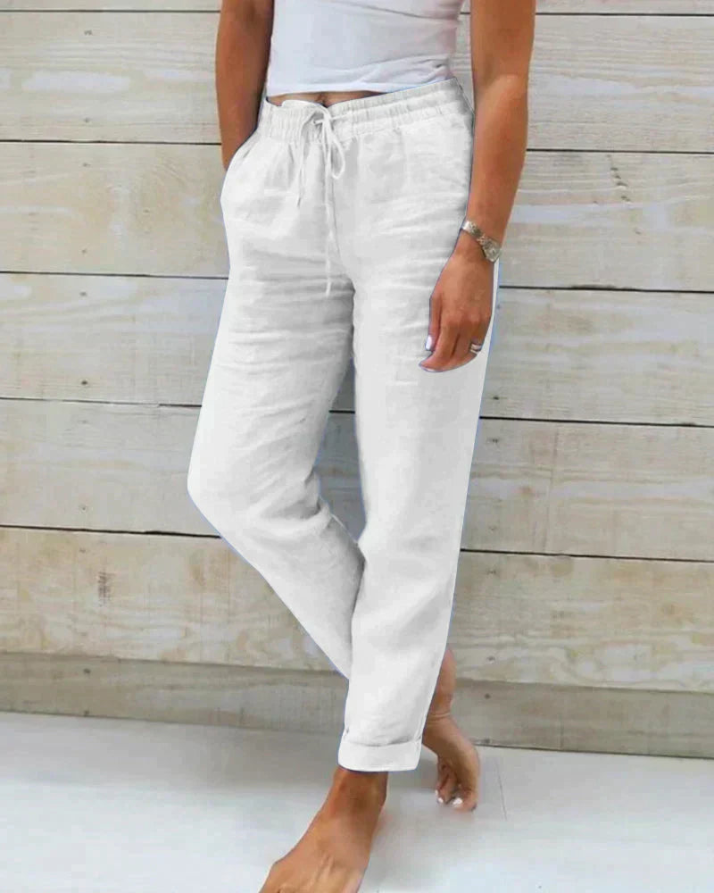 Pantaloni casual a vita alta in cotone e lino per donna