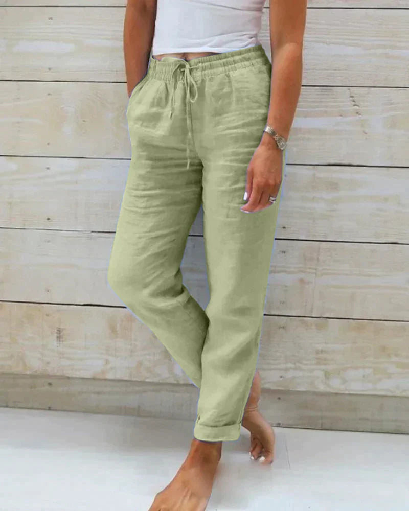 Pantaloni casual a vita alta in cotone e lino per donna
