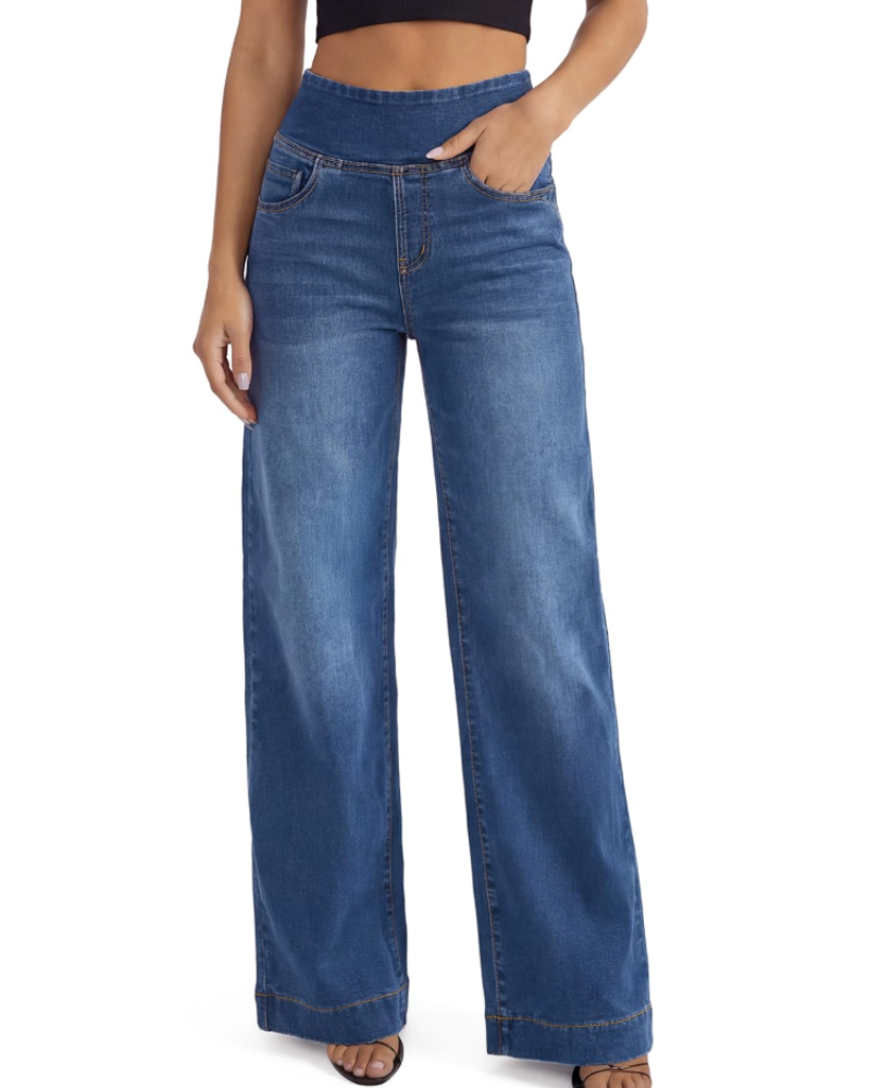 Jeans larghi a vita alta e taglio dritto con tasche per donna
