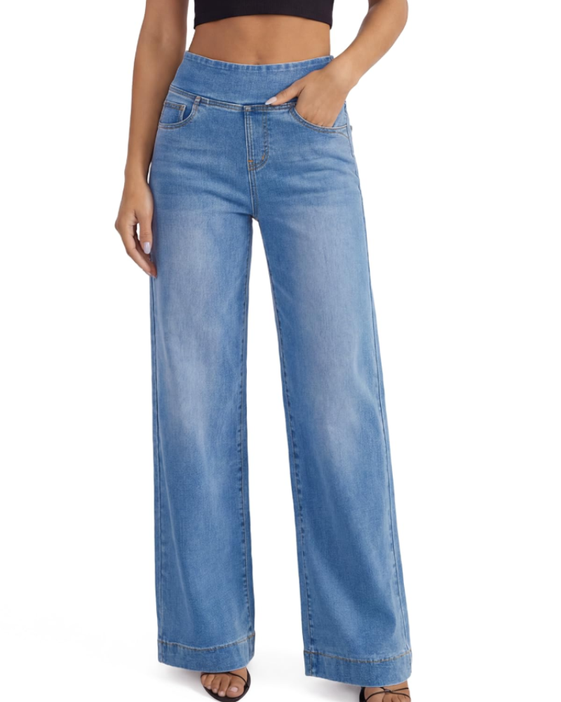 Jeans larghi a vita alta e taglio dritto con tasche per donna