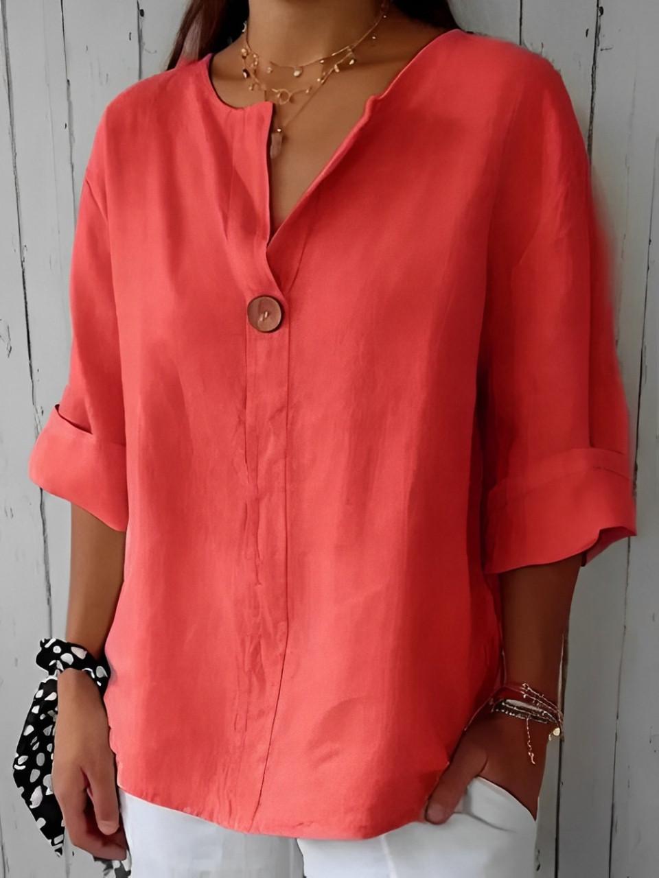 Blusa in lino con scollo a V e maniche 3/4 da donna | Ideale per tutti i giorni