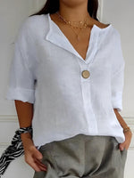 Blusa in lino con scollo a V e maniche 3/4 da donna | Ideale per tutti i giorni