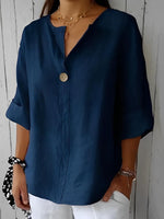 Blusa in lino con scollo a V e maniche 3/4 da donna | Ideale per tutti i giorni