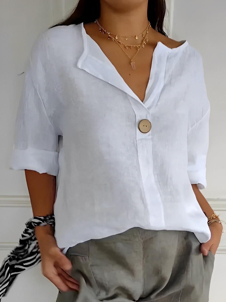 Blusa in lino con scollo a V e maniche 3/4 da donna | Ideale per tutti i giorni