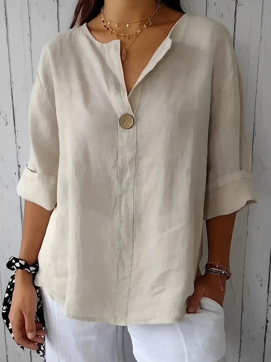 Blusa in lino con scollo a V e maniche 3/4 da donna | Ideale per tutti i giorni