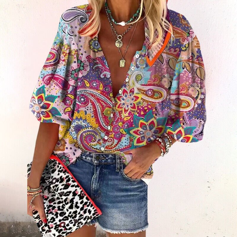 Blusa stampata a maniche tre quarti da donna