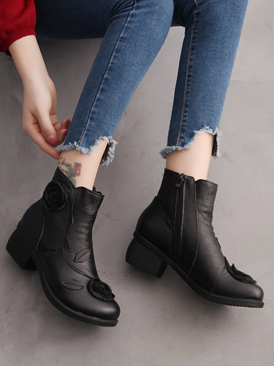 Bottes à Talon Moyen en Cuir avec Motifs Floraux pour Femme - Emilia Lane