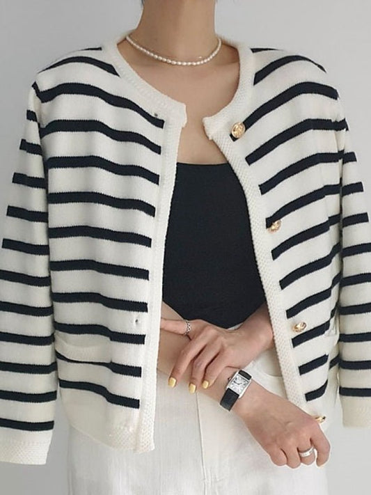 Cardigan Tricoté à Rayures Style Tweed pour Femme - Emilia Lane