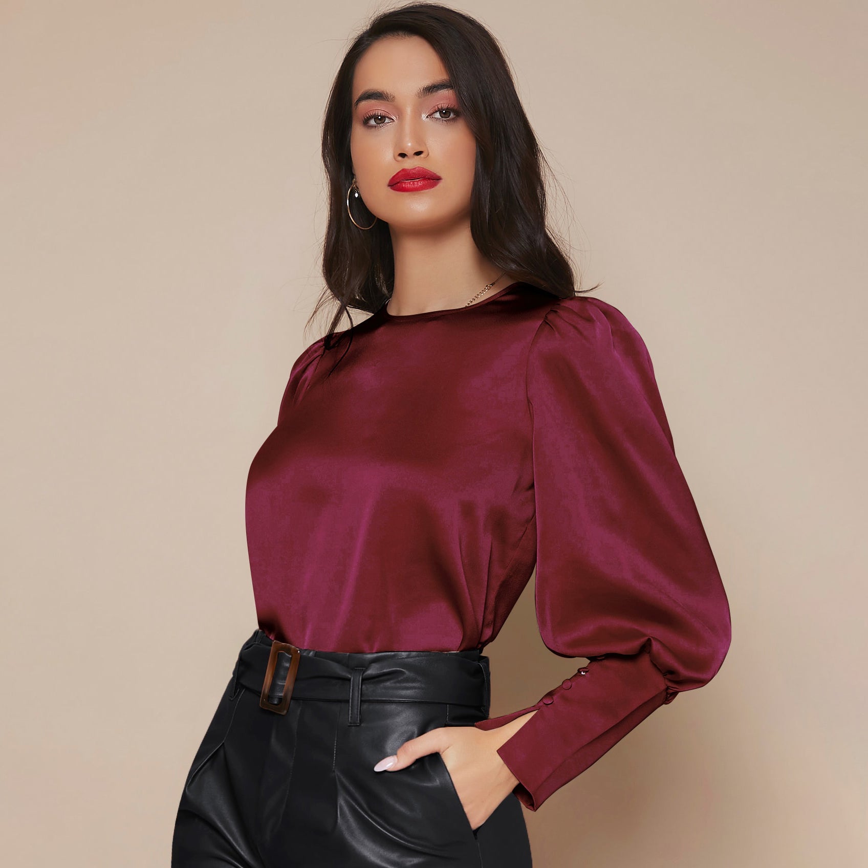 Chemise Satin à Manches Longues pour Femme - Emilia Lane