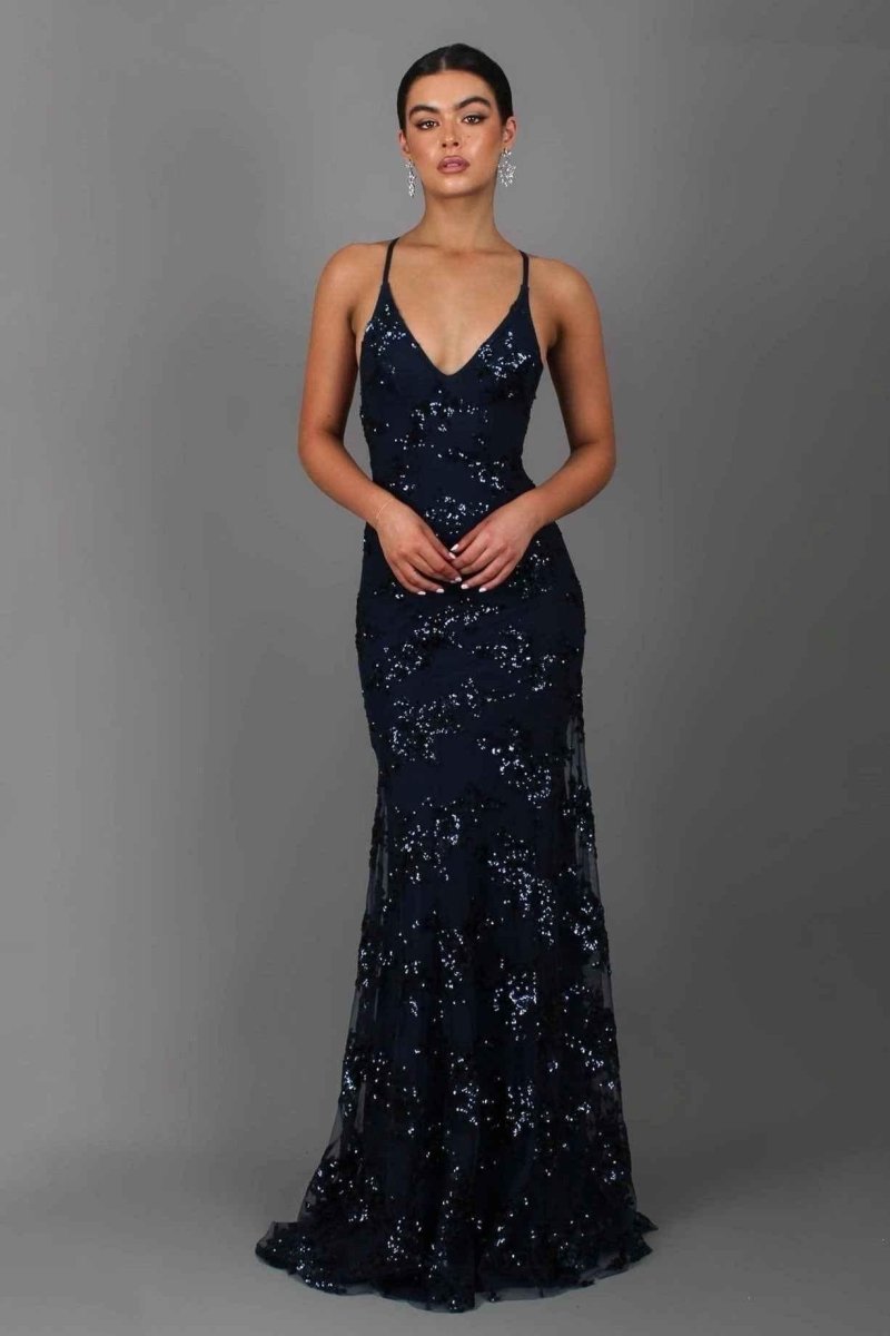Abito lungo con paillettes, spalline e scollo a V da donna | Ideale per le uscite