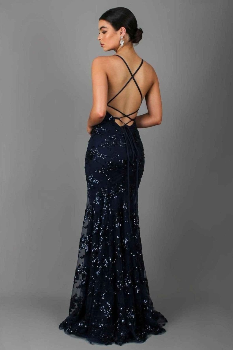 Abito lungo con paillettes, spalline e scollo a V da donna | Ideale per le uscite