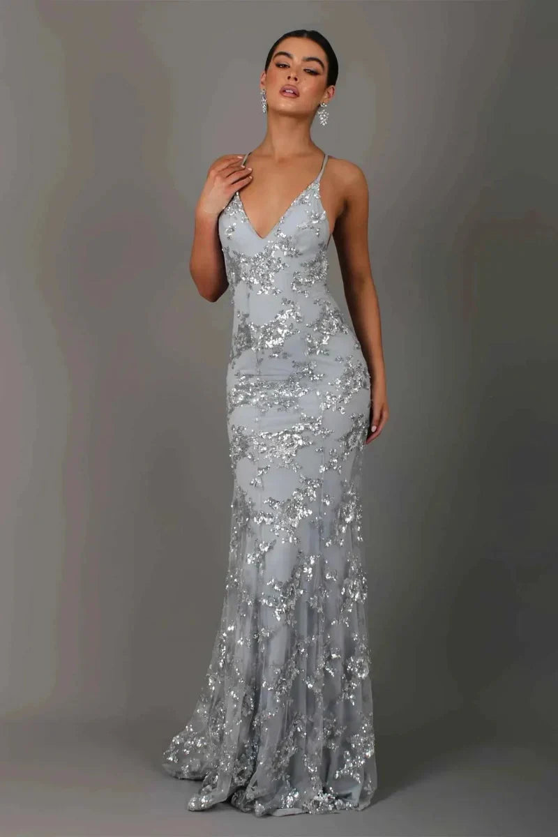 Abito lungo con paillettes, spalline e scollo a V da donna | Ideale per le uscite