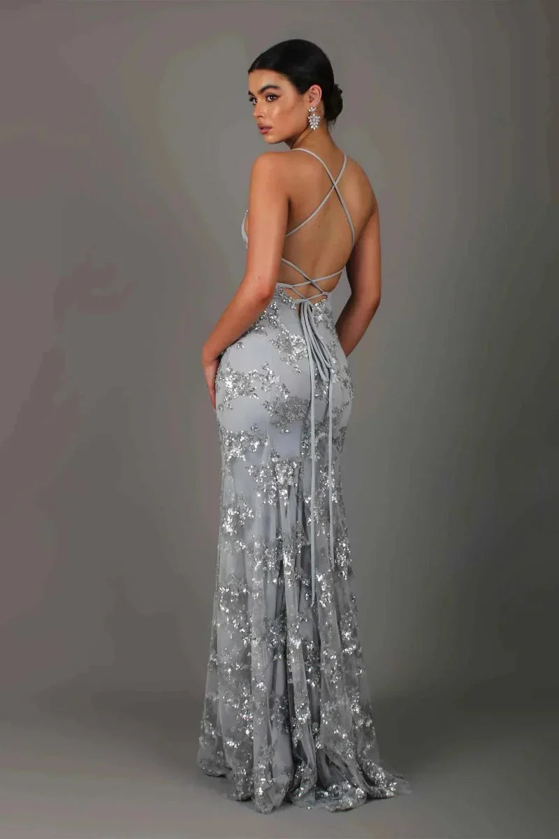 Abito lungo con paillettes, spalline e scollo a V da donna | Ideale per le uscite
