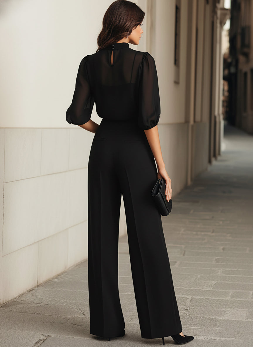 Completo Tre Pezzi con Blusa Trasparente e Pantaloni Larghi da Donna | Ideale per Banchetti