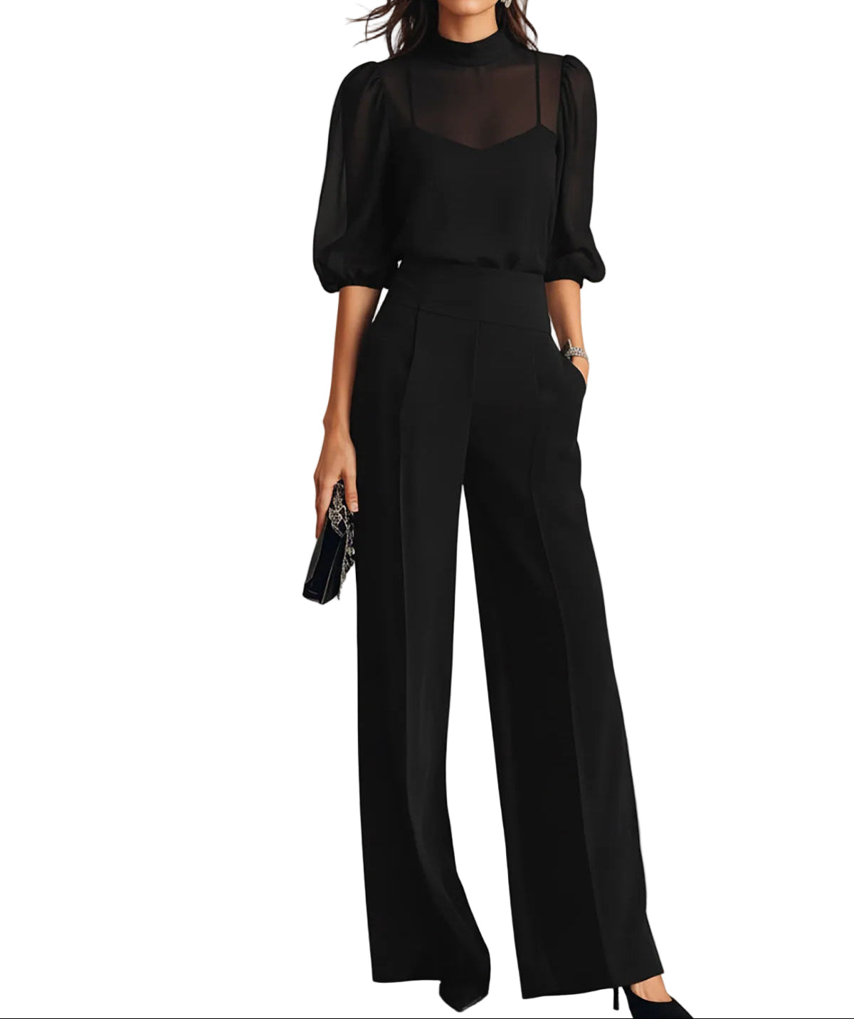 Completo Tre Pezzi con Blusa Trasparente e Pantaloni Larghi da Donna | Ideale per Banchetti