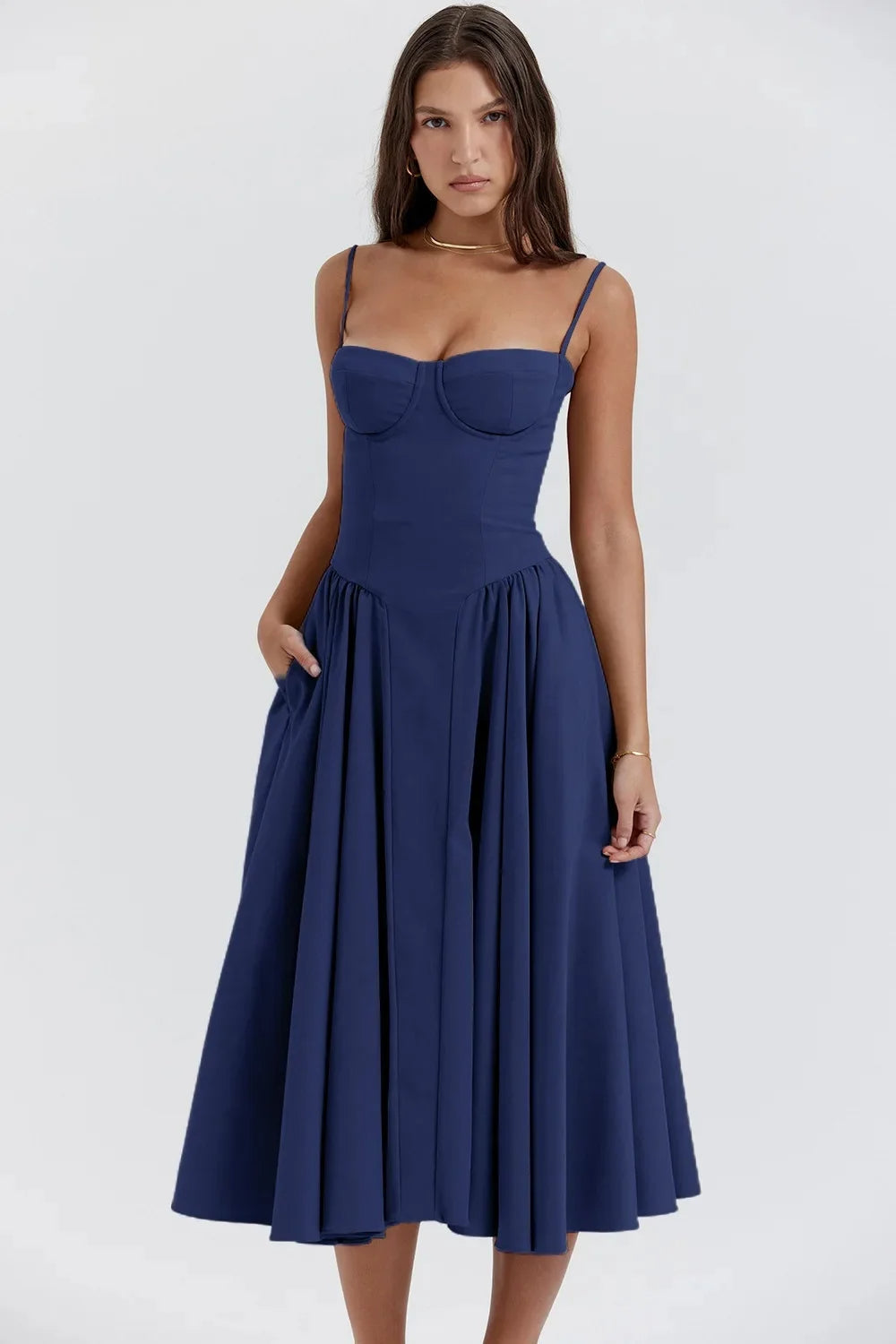 Vestito midi aderente con spalline e pieghe per donna | Ideale per le uscite