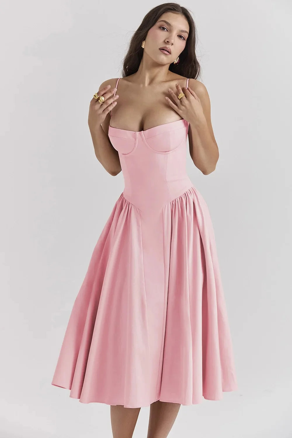 Vestito midi aderente con spalline e pieghe per donna | Ideale per le uscite