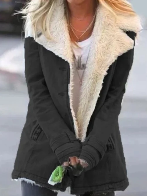 Cappotto dritto stile militare con ampio colletto in pelliccia sintetica da donna