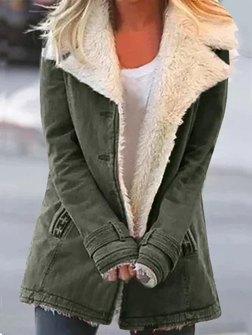 Cappotto dritto stile militare con ampio colletto in pelliccia sintetica da donna