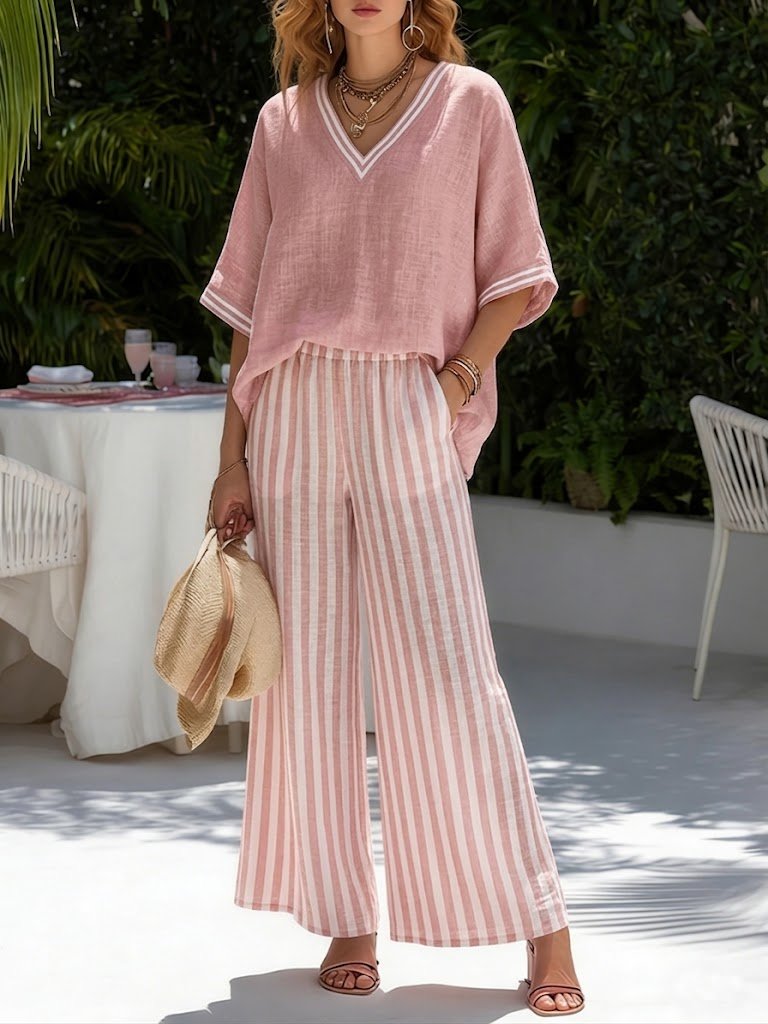 Ensemble donna in lino e cotone con pantaloni larghi a righe e top con scollo a V