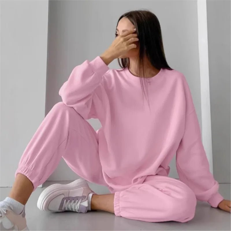 Ensemble deux pièces en velours rose avec sweatshirt à col rond pour Femme - Emilia Lane