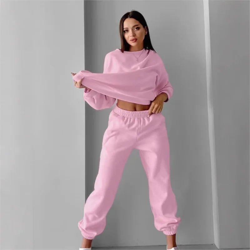Ensemble deux pièces en velours rose avec sweatshirt à col rond pour Femme - Emilia Lane