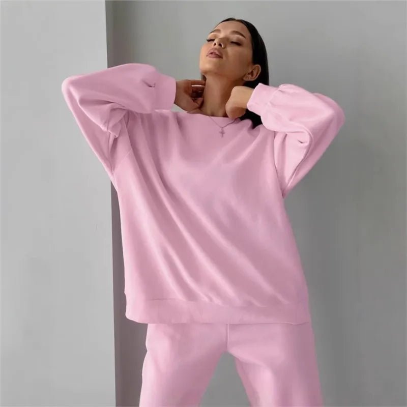 Ensemble deux pièces en velours rose avec sweatshirt à col rond pour Femme - Emilia Lane