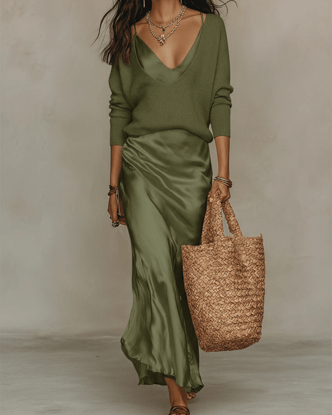 Ensemble Robe Midi Satinée et Pull en Laine pour Femme | Idéal pour le Quotidien - Emilia Lane