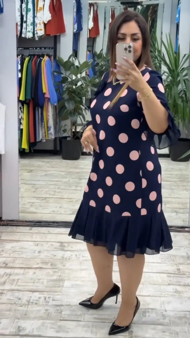 Robe Plissée Pois Pink Navy Coupe Ajustée