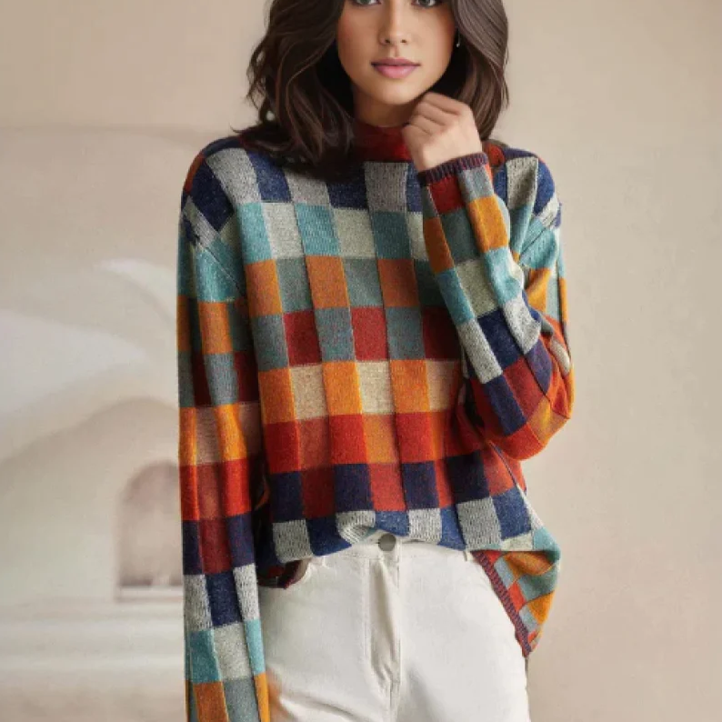 Maglione oversize a quadri con collo alto per donna