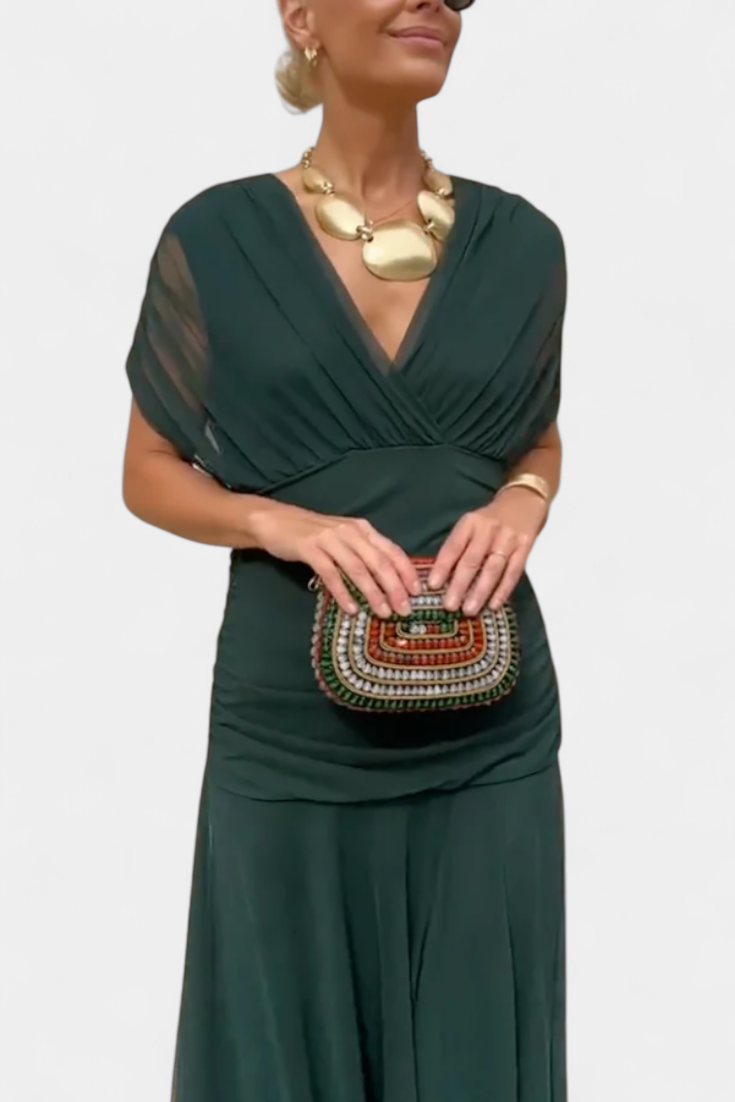 Robe Élégante Vert Foncé Col V Profond