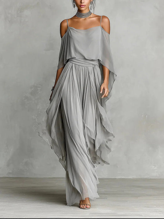 Completo in chiffon con spalle scoperte e pantaloni larghi da donna | Ideale per l'estate