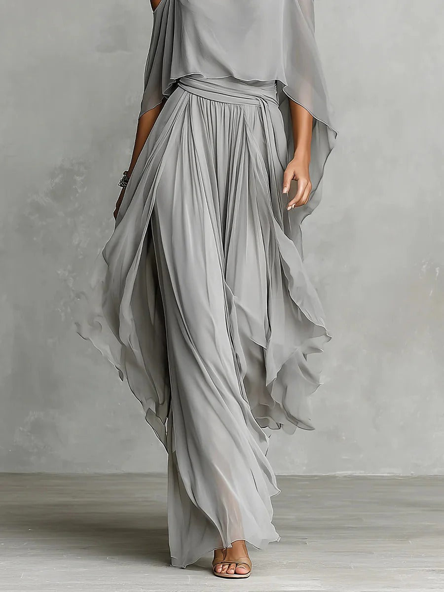 Completo in chiffon con spalle scoperte e pantaloni larghi da donna | Ideale per l'estate