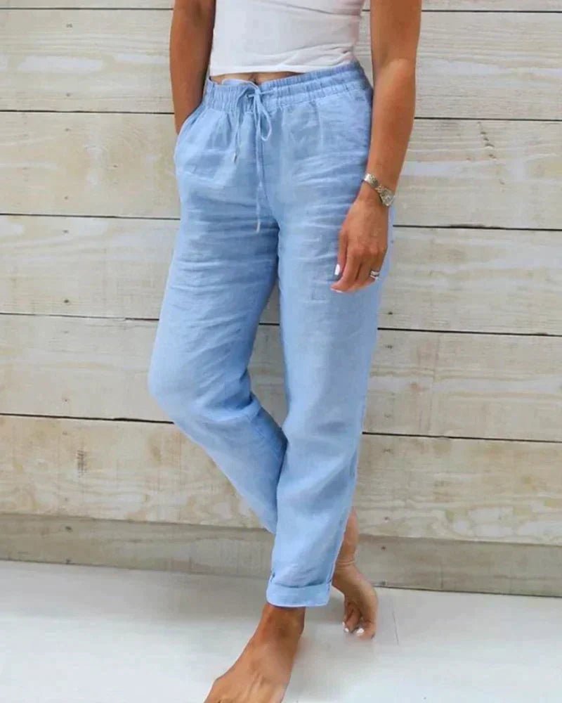 Pantalon Décontracté Taille Haute en Coton et Lin pour Femme - Emilia Lane