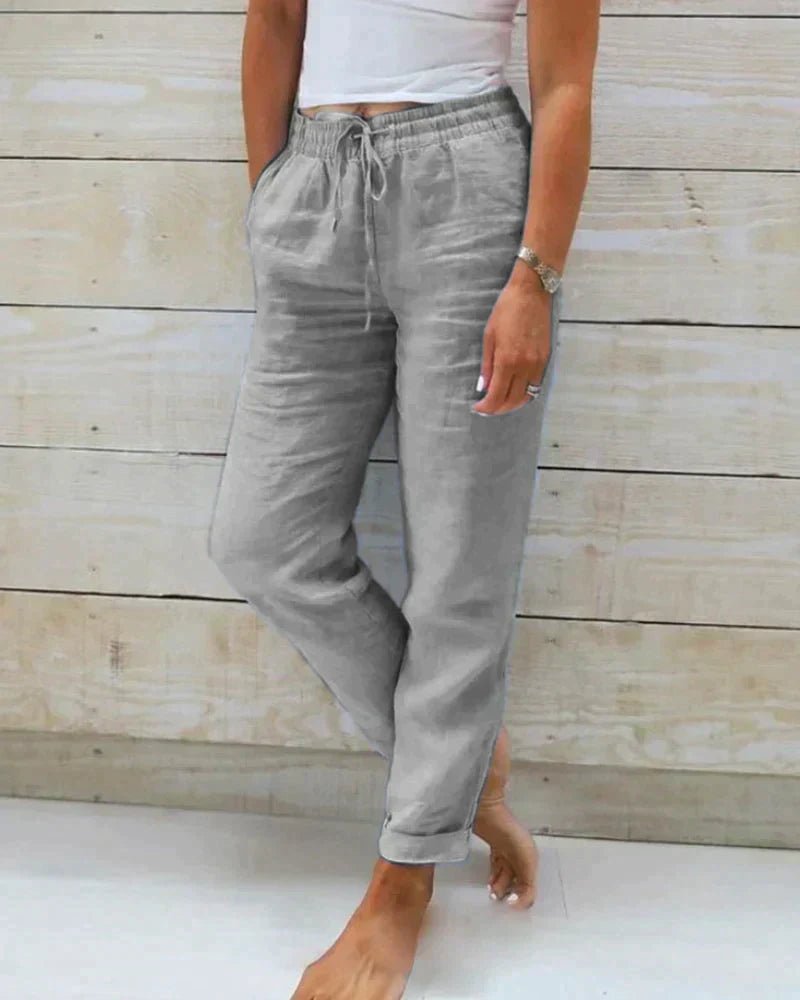 Pantalon Décontracté Taille Haute en Coton et Lin pour Femme - Emilia Lane