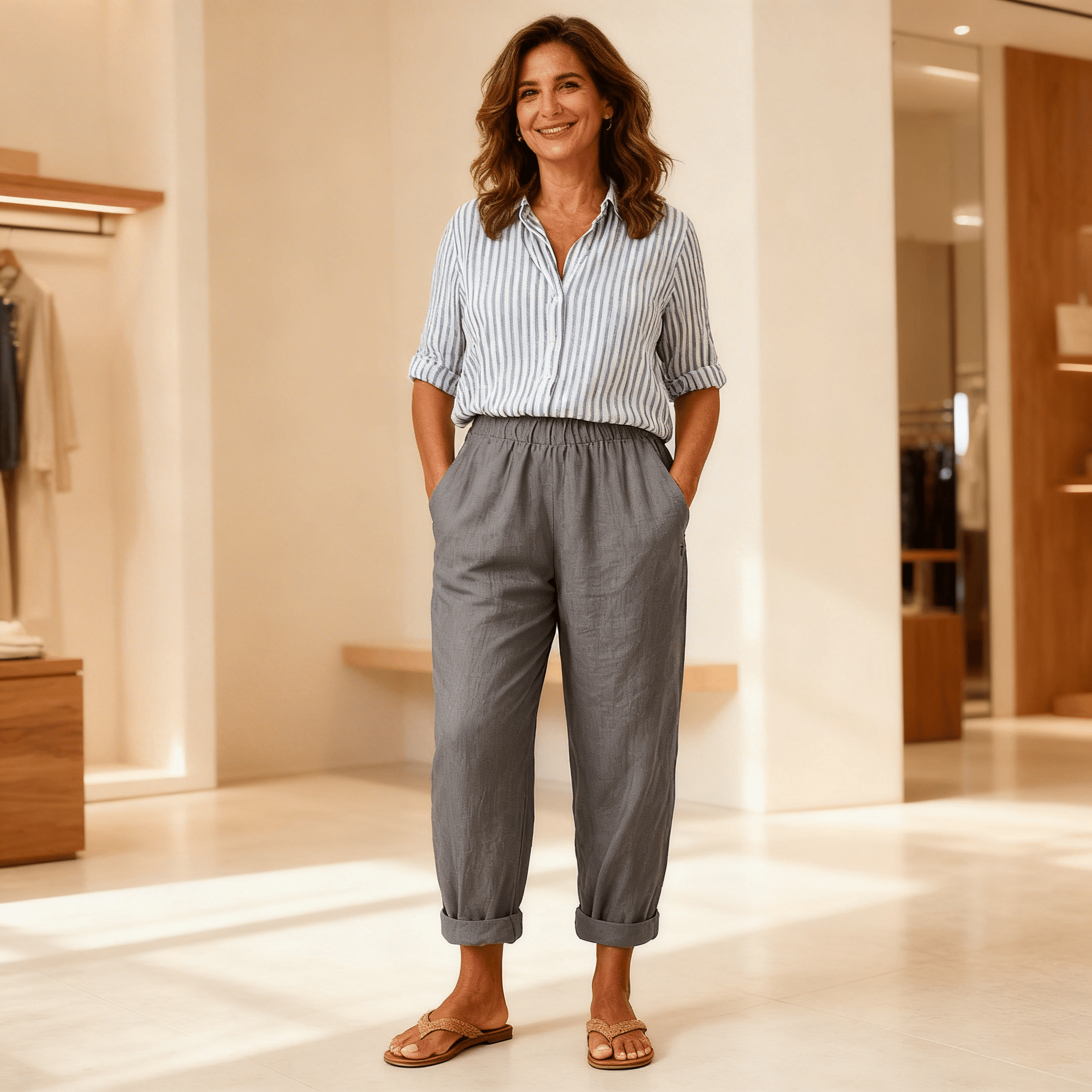 Pantalon Large Taille Haute en Coton et Lin pour Femmes - Emilia Lane