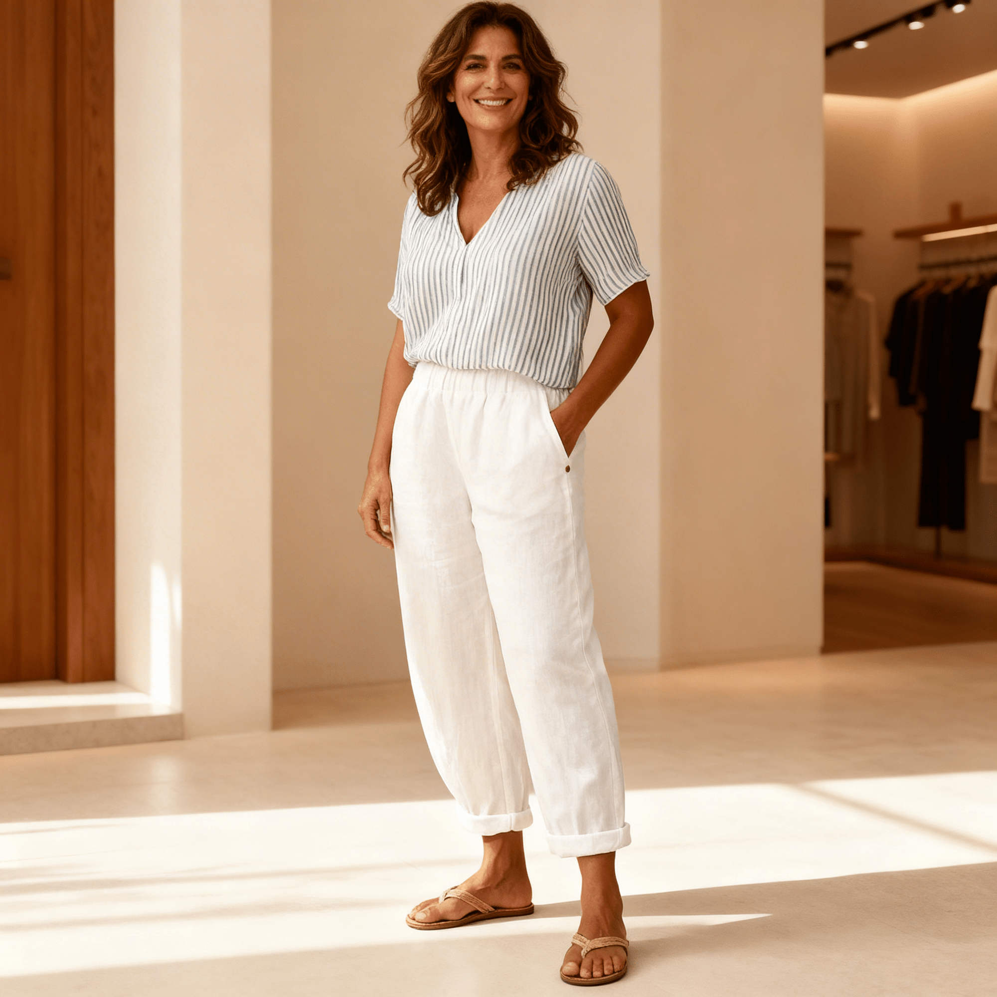 Pantalon Large Taille Haute en Coton et Lin pour Femmes - Emilia Lane