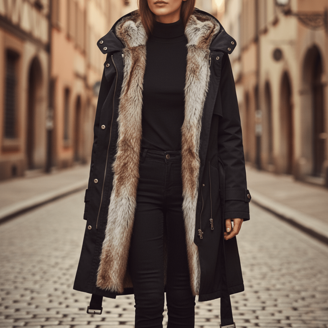Parka lunga con cappuccio e pelliccia ecologica da donna