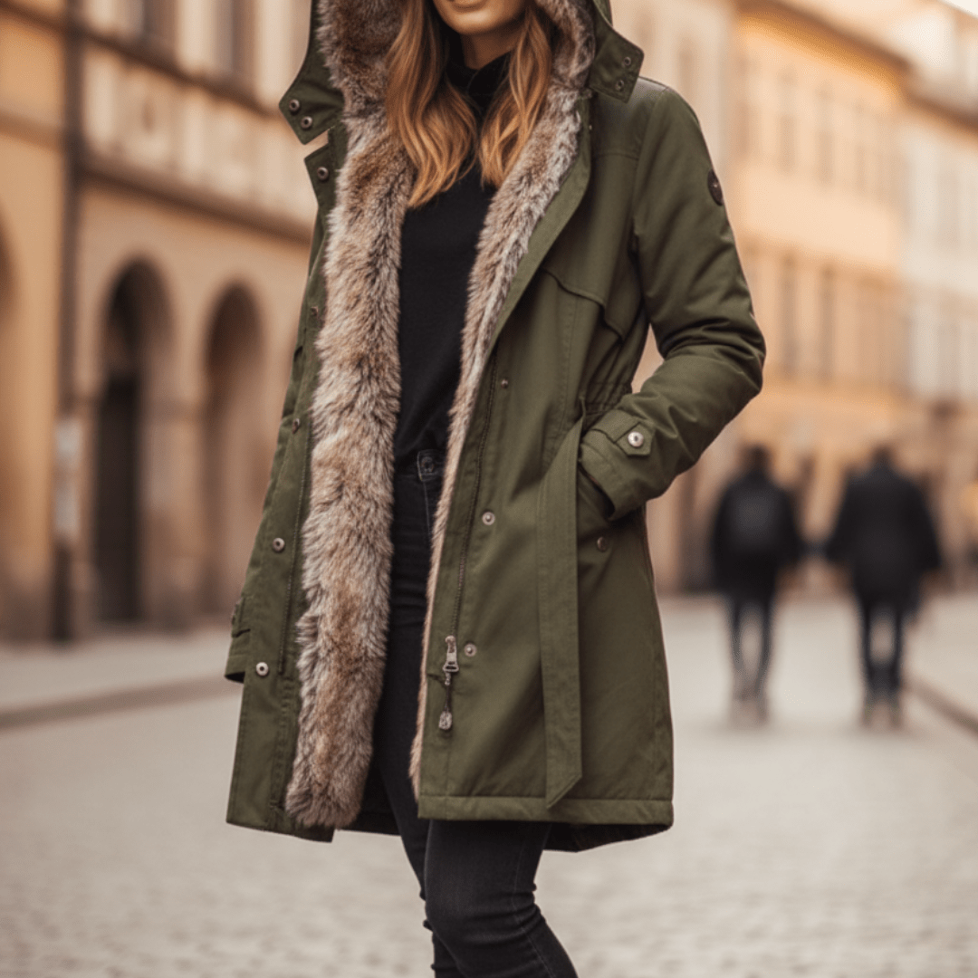 Parka lunga con cappuccio e pelliccia ecologica da donna