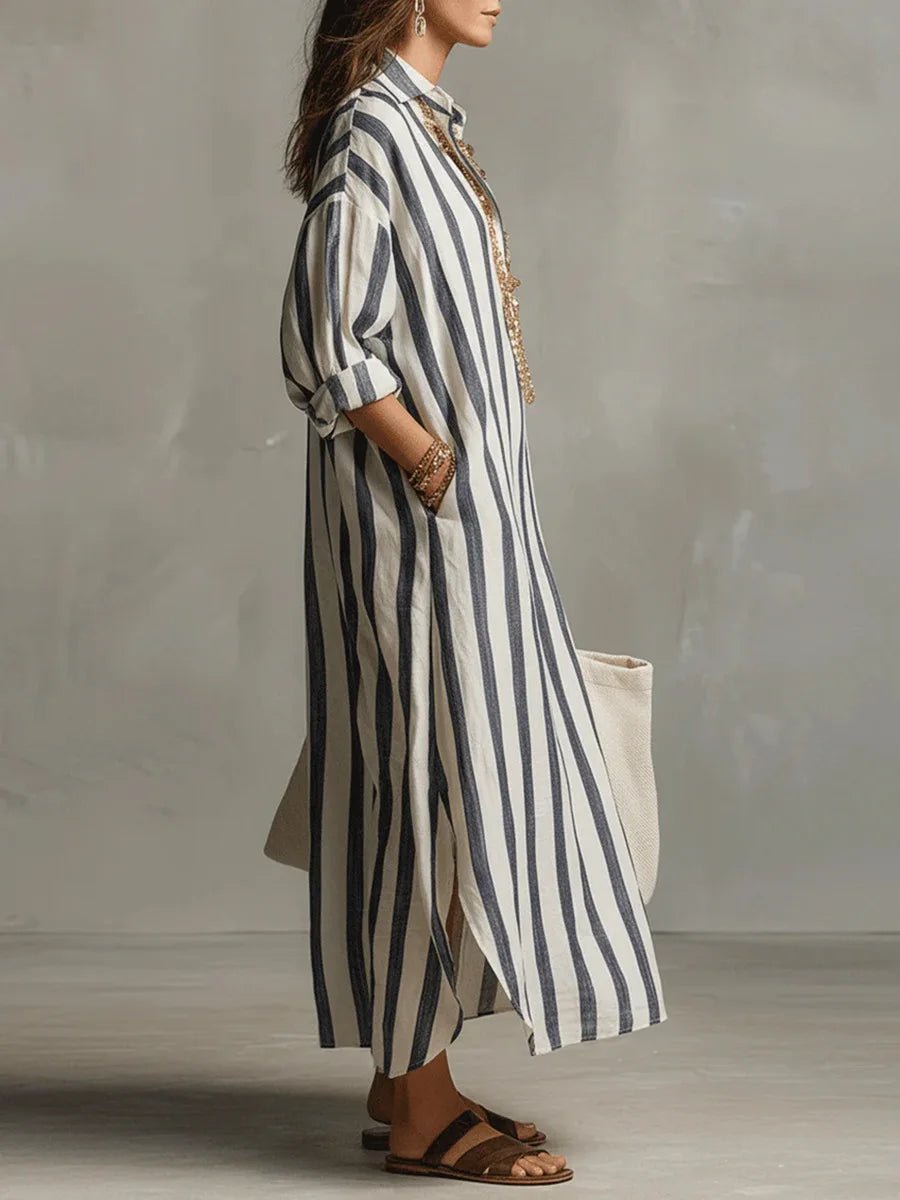 Vestito camicia lungo da donna a righe in lino misto, taglio ampio con tasche