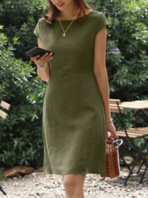Vestito corto in cotone e lino con maniche corte da donna | Ideale per l'estate