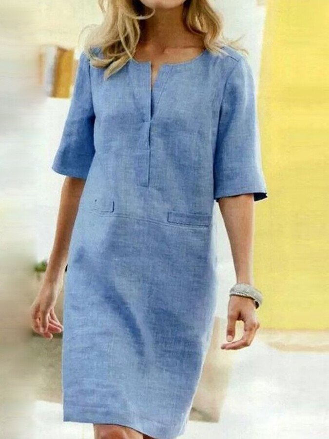 Robe Droite Midi à Encolure Fendue et Manches Mi - Longues pour Femme | Idéale pour l'Été - Emilia Lane